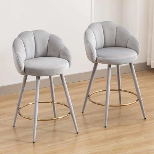 chairus Barstuhl 2er Set Samt Barhocker Modern, Küchenhocker mit Lehne, Gepolstert Tresenhocker für Küche Hausbar, Grau