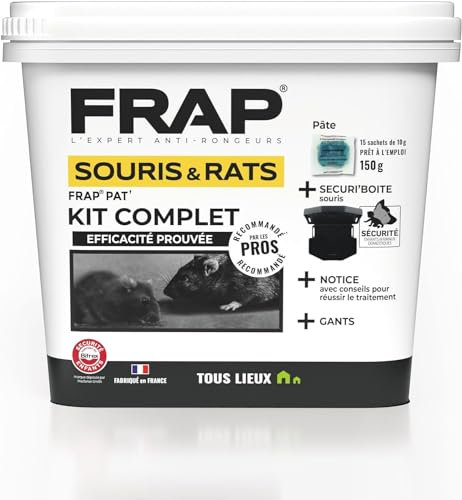 FRAP Pat’ KIT – Kit Anti-Rongeurs Complet Rats & Souris – 15x10g Pâtes Prêtes à l’Emploi + Boîte Sécurisée SECURI’Boite + Notice + Gants Inclus – Tous Lieux Intérieur/Extérieur – Fabriqué en France