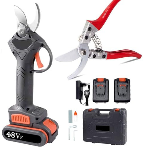 081 Store - Forbici potatura a batteria 48V, GARANZIA 2 ANNI, forbici elettriche a 2 batterie 48V + forbice da potatura manuale per rami, albero, ulivi, Con Taglio Fino A 3,5 cm