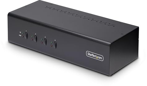 StarTech.com 4-portars dubbel bildskärm DisplayPort KVM-switch, 4K 60Hz, 2x USB 5 Gbps hubbportar, 2 x USB 2.0 HID-portar, snabbtangenter och tryckknappsbrytare, TAA-kompatibel (P4DD46A2-KVM-SWITCH)