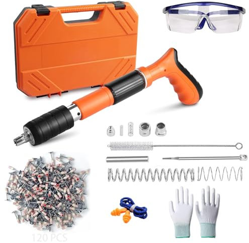 Yabingbos Pistola Clavos Manual con 5 Niveles Potencia Ajustable, Pistola Clavos Portátil con 120 Piezas Clavos Redondos para Techos, Tuberías, Instalación de Circuitos, Decoración Interiores