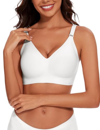 WOWENY Non Wired Bras for Women with Support Padded Seamless Wireless Tshirt Bra Soft V Neck Bralette Comfy Everyday Bustier White, M