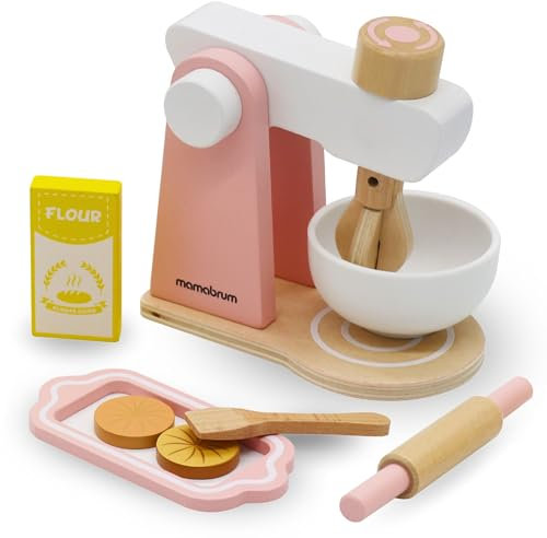Mamabrum Mélangeur en Bois pour Enfants - Set Cuisine Jouet avec Bol, Rouleau, Cuillère, Assiette, Farine, 2 Biscuits - Jeu Éducatif Montessori 3+ Ans (Rose, 8 PièCes)