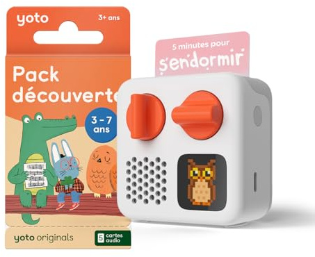YOTO Mini Edición 2024 + Pack Descubrimiento 3 a 7 años, Caja de historias, narradora con luz nocturna, reloj, 5 libros de audio francés para niños, cuentos musicales, imagier para escuchar