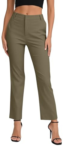 EXCHIC Mujeres Comercio Casual Rectas Piernas Largos Pantalones Elástica Cintura Oficina Pantalones con Bolsillos(L, Verde Ejército)