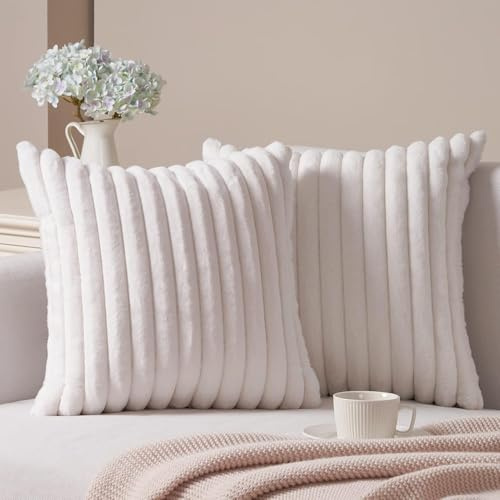 Topfinel 2er Set Kissenbezug 50x50 Creme weiß super weich Felloptik Kuschelkissen Dekorative Kissenbezüge Kissenhülle mit verdecktem Reißverschluss Sofakissen für Sofa Schlafzimmer Wohnzimmer
