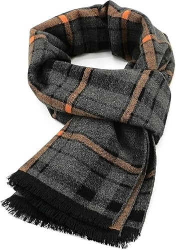 Mens Warm Scarf Winter, Tartan Black Scarf for Men UK, Men's Scarves, Men's Accessories, Orange Stripe, One Size