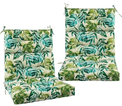 FUNHOME Outdoor High Back Chair Cushions Set of 2,Reversible Lawn Chair Cushion 44 x22 inch,Water Resistant Tufted Adirondack Chair Cushion,for Garden Rocking Chair,Patio Furniture(Palm Leaf)