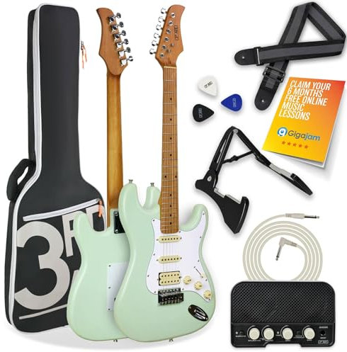 3rd Avenue Stateside Volle Größe 4-4 E-Gitarre Ultimate Kit Mit 5-W-Verstärker, Kabel, Ständer, Gepolsterter Gigbag, Gurt, Plektren – Liberty Green