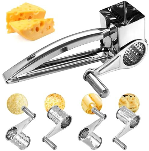 Gourmet Parmesanreibe Kurbel, Käsereibe mit Kurbel und 4 Schneidtrommeln, Manuell käsereibe Parmesanreibe mit Behälter Käsereibe Edelstahl für Hartkäse Weichkäse Gemüse Schokolade Nüsse Obst
