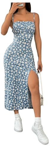 GORGLITTER Women's Floral Bodycon Pencil High Split Cami Dress Beach Holiday Midi Sundress Blue Large
