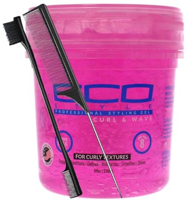 Eco Style Gel per ricci e onde (rosa) 8 once con pettine e pennello, tenuta salda e lucentezza, migliora i ricci e le onde, gel senza alcool e idratante