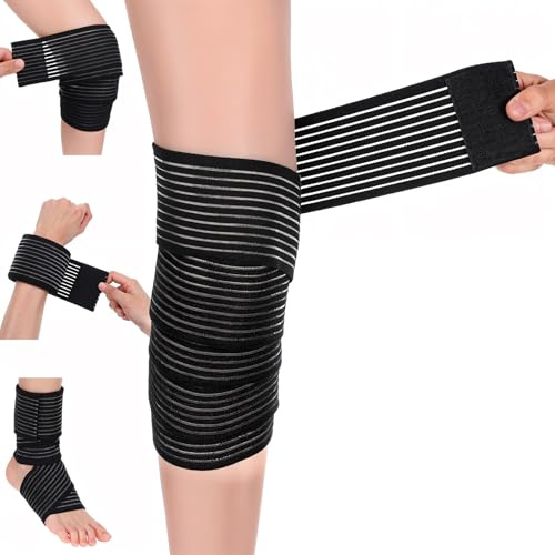 JIYIN 2 PCS Extra Long Elastic Knee Wrap Compression Bandage Brace Support for Legs, Black Adjustable Knee Wrap for Legs Plantar Fasciitis Stabilising Ligaments Joint Pain Basketball Soccer Football