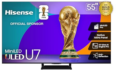 Hisense 55 U7 Mini-LED ULED 4K UHD Best Premium Gaming Google Smart TV (55U75QG, 2025 Model) - QLED, Native 165Hz, VRR 288, Up to 3000 Nits, HDR10+, Dolby Vision IQ · Atmos, IMAX Enhanced, 2.1.2 Ch
