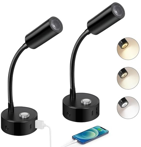 ERWEY 2st LED Läslampa 12V Husbil, Touch Dimbar 3000K-6000K Justerbar ljusstyrka, 360° Flexibel Svanhals Sängbelysning med USB A + C-Kontakter för båt Husvagn Interiörbelysning, Svart
