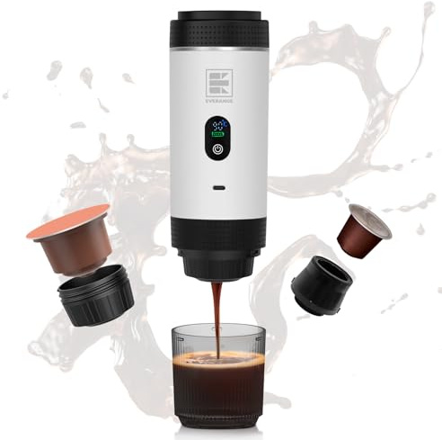 EVERANGE Cafetera espresso eléctrica portátil, cafetera de viaje compatible con café molido y cápsulas NS (blanca con pantalla LCD)