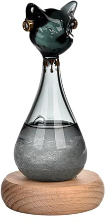 Wetterglas zur Dekoration (7x7x13,8 cm), Sturmglas Wetterstation mit transparenter ägyptischer Katze - Dekoratives Wetterglas zur präzisen Vorhersage für Zuhause in Weiß & Schwarz (Schwarz)