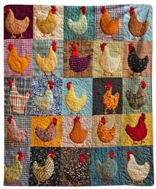 Generisch Farmhouse Collection Hühner Bettdecke, Handgefertigt Patchwork Design, 130 x 150 cm Baumwolle, 20 Hühner Motive, Für Wohnzimmer & Schlafzimmer
