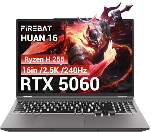 FIREBAT Gaming Laptop RTX 5060, 2560x1600 16in 240Hz 2.5K QHD+, AMD Ryzen 7 H 255 Processor (8C/16T, 4.9GHz), 8GB GDDR7 VRAM, 16GB DDR5 512GB SSD (96GB RAM Expandable), Backlit Keyboard, Metal Design