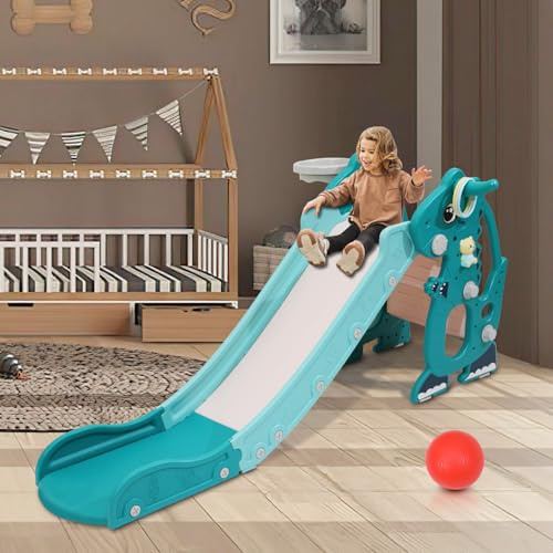 Ollewiellan Toboggan 4 en 1 pour enfant d'intérieur avec panier de basket-ball et machine d'apprentissage, toboggan pour enfants intérieur et extérieur, 145 x 38 x 67 cm, jusqu'à 35 kg, vert