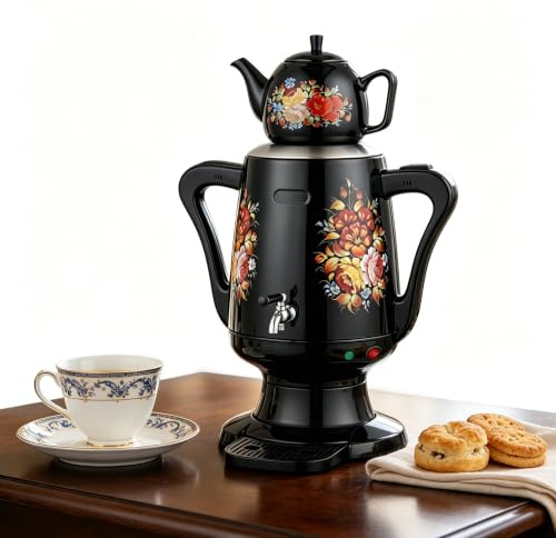 WHOOLEFUN Turkisk elektrisk tekokare, 3,5 l och 1 l dubbel tekokare, elektrisk samovar med blommönster, droppfri kran och bricka, varm funktion, för kaffe, aromatiserat te och turkiskt te