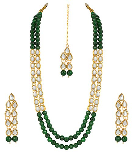 Aheli Bollywood Long Green Beaded Bharatanatyam jewellery set with Maang Tikka Indian Ethnic Jewellery Gift for Women
