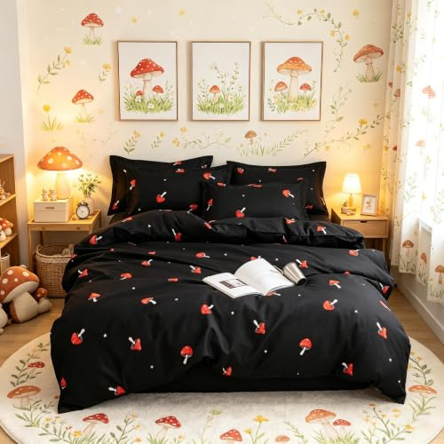Loussiesd Mushroom Duvet Cover Set Double Bedding Children's Bedding Set Nature Themed Comforter Cover with 2 Pillowcases Decorative Microfiber Bedspread Cover 3 Pieces Black Red