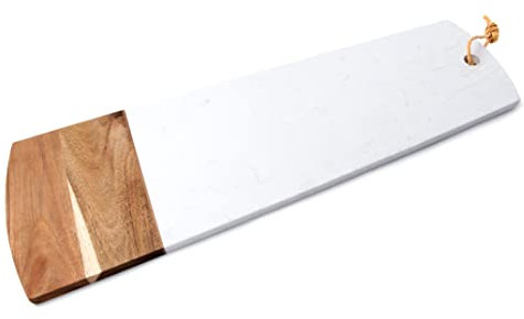 bar@drinkstuff White Marble & Acacia Serving Board 60 x 20cm - Single - Marble Cheese Board, Serving Platter