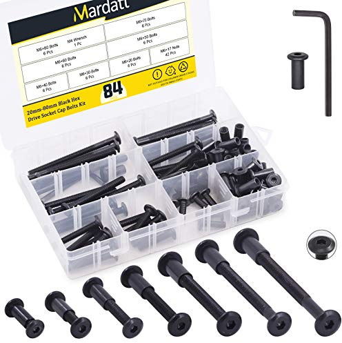 Mardatt 85pcs 7 Sizes Hex Socket Cap Bolts and Barrel Nuts Kit, M6x20/30/40/50/60/70/80mm Black Crib Bolts Binding Screw for Belt Buckle Leather Furniture