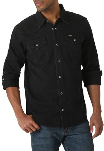 Wrangler Men's Iconic Regular Fit Snap Shirt Button, Black Denim, Medium