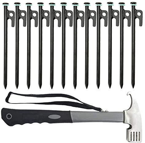 Linwnil Piquets de tente robustes en acier forgé non courbés - Piquets de camping idéaux pour les endroits rocheux/durs (20 cm, 12 pièces + marteau de tente)
