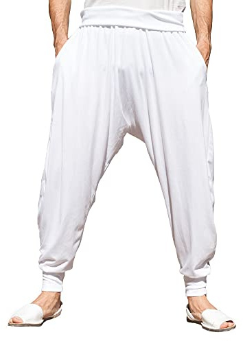 SAVARI | Pantalones Harem Con Bolsillos | Étnico | Comodos y Holgados | Pantalón Ideal para Yoga y Pilates | Algodón Reciclado | Hombre y Mujer | Tallas Grandes Disponibles | Color Blanco | Talla XXL