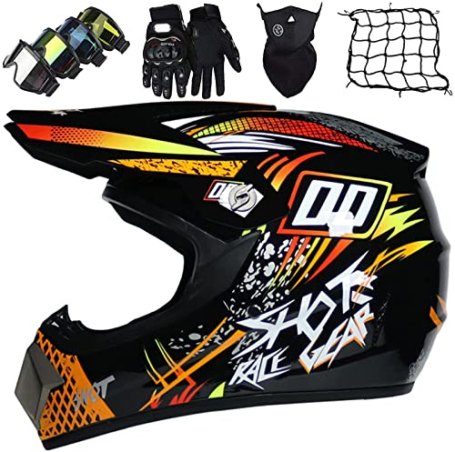 Casque Moto Cross Homme Set, Casque Moto Enfant avec Gants/Lunettes/Masques/Filet de Casque, Casques Motocross pour BMX MTB Quad Bike Enduro ATV - ECE/DOT Homologué (M-XL, 52-59 cm)