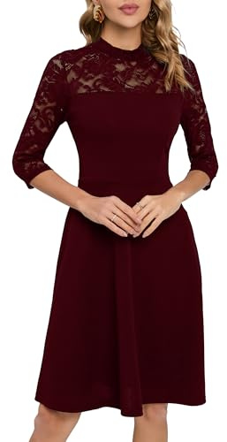 HOMEYEE Abito da donna elegante in pizzo con maniche a 3/4, stile Rockabilly, rétro, lunghezza al ginocchio, da cocktail, per matrimonio A368, rosso scuro, M
