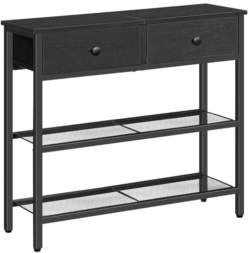 HOOBRO Mesa de Entrada de 75 cm de Largo, Mesa de Sofá de Estilo Industrial con Dos Cajones de Tejido no Textil, Consola con 3 Estantes, Dormitorio, Vestíbulo, Negro EBB72XG01