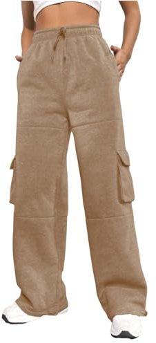 Nuofengkudu Kvinnor Byxor Jogger Cargo Fleece Bred Ben Rak Dragsko Fickor Lösa Byxor Varm Jogging Overall Lös Bekväm, Khaki, XL