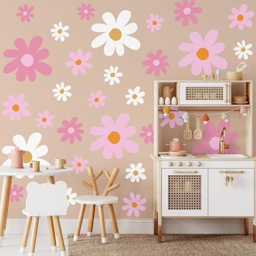 TaoBary 12 Sheet Daisy Wall Sticker Decal Removable Cute Daisy Bedroom Room Decor Flower Wall Sticker Pink White Flower Decal Wallpaper Peel and Stick for Nursery Home(Pink Color,Vibrant Style)