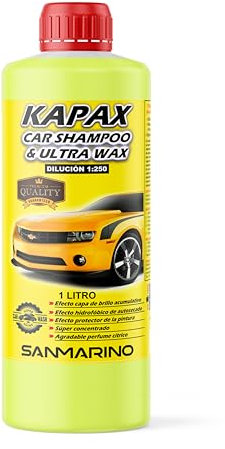 Sanmarino Champú Coche con Cera, (1 LITRO), Limpiador Protector Hidrofóbico Carrocería, Lavado Coche y Moto, Brillo intenso, Champú KAPAX.