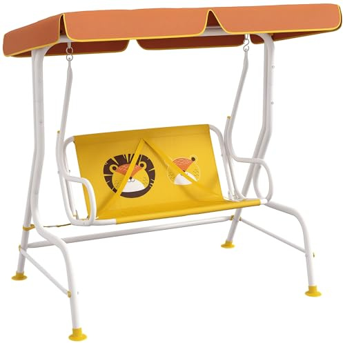 Outsunny Balancín de Jardín Exterior Toldo Ajustable Columpio de Jardín Infantil de 2 Plazas con Patrón de León Carga 60 kg 110x70x110 cm Amarillo