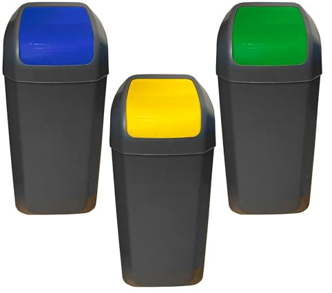 WELL HOME MOBILIARIO & DECORACIÓN Set di 3 bidoni con coperchio basculante da 15 l, colore: verde, blu e giallo