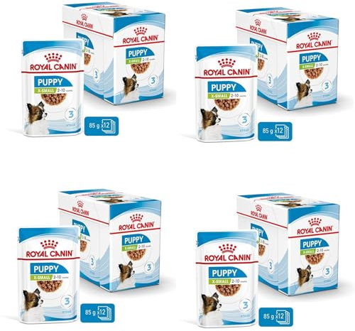 ROYAL CANIN X-Small Puppy | 4er Pack | 4 x 12 x 85 g | Feuchtnahrung für besonders kleine Hundewelpen | Bis zum 10. Lebensmonat | Mit Häppchen in Soße | Im Pouchbeutel