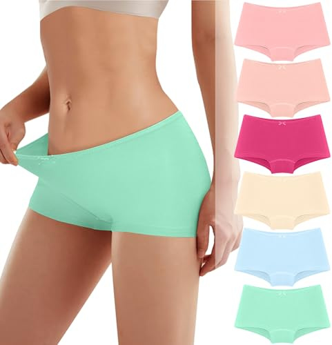 Boxer Femme Shorty Panty Coton Doux, Elasticité Slips, Culotte Taille Basse Sous-vêtements Respirants Slip Hipster Panties Lot de 6 UN3 M