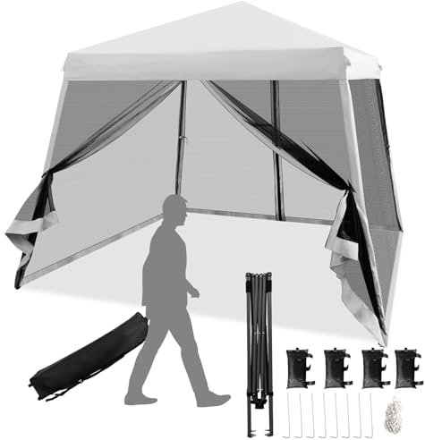 HOMASIS Gazebo Pieghevole 3x3 M, Gazebo con Zanzariera Rimovibile con 4 Sacchi Sabbia, Gazebo da Giardino con Borsa a Rotelle, UPF 50+, Tenda Pop-up da Festa (Bianco)