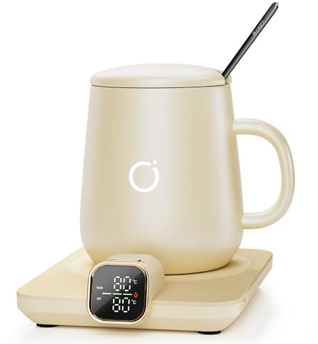 Ikago Heated Smart Coffee & Tea Mug Warmer Set - 1℃ Precise Temp Control & Real-Time Display, Auto Shut-Off, Electric Mug Warmer for Desk, Ideal Gifts for Women & Men, Home & Office, Beige