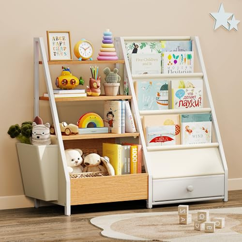 Turosur 4‑Tier Kids bookshelf, Children Bookcase with Open Shelf | Toy Storage Organizer with Front-Facing Display, Large Fabric Drawer & Side Storage Bag for Playroom, Bedroom, Classroom