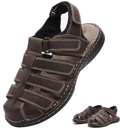 7STROBBS Wide Fit Mens Sandals, Real Leather Walking Sandal for Men, Closed Toe Covered Sports Outdoor Sandals with Adjustable Strap for Hiking, Summer, Holidays, Beach, Boating, Towns