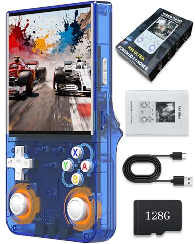 La Nueva Consola de Juegos portátil R36 Ultra Cuenta con una Pantalla IPS de 4 Pulgadas, Tarjeta integrada de 64 GB y 20.000 Juegos, Soporte para Sistema Linux, Wi-Fi y Bluetooth. (Azul,128G)