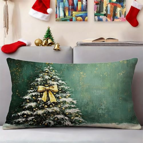 Gröna kuddfodral 30 x 50 cm julgran soffkuddar 1 pack linne kuddfodral rektangel kudde dubbelsidigt tryck utomhuskuddar, vardagsrum sovrum trädgård höstdekorationer 3-229