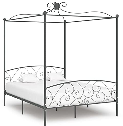 Runheo Himmelssäng-ram, grå, metall, 160 x 200 cm, robust plattformssäng för sovrum, elegant design med gardinalternativ, hållbara möbler