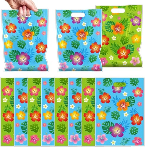 50 Pièces Sac Cadeau Hawaii, Sacs Cadeaux à Motif Fleur d'hibiscus, Sachet Anniversaire Enfant, Sachet Bonbon avec Poignée, Double Face, pour Anniversaires, Fêtes à Thème d'été, Célébrations